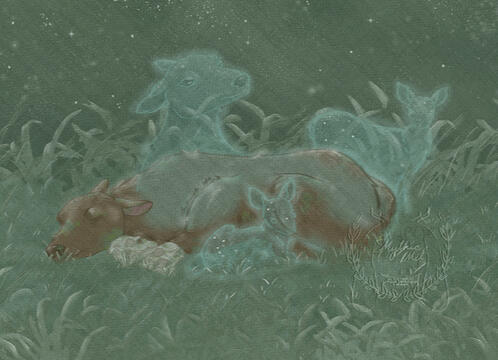 Cruel Nature - The body of a doe that has passed away around two small skulls, her spectral head rising and reunited with her late fawns.