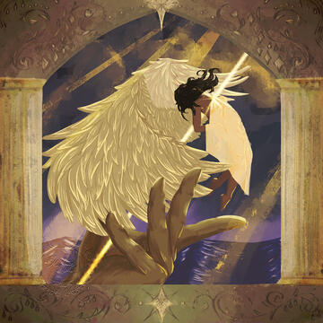 Depicted is a piece with an embellished bronze border and doric columns highlighting an angel being struck through the heart by a ray of light while being released by a large hand from the ocean.